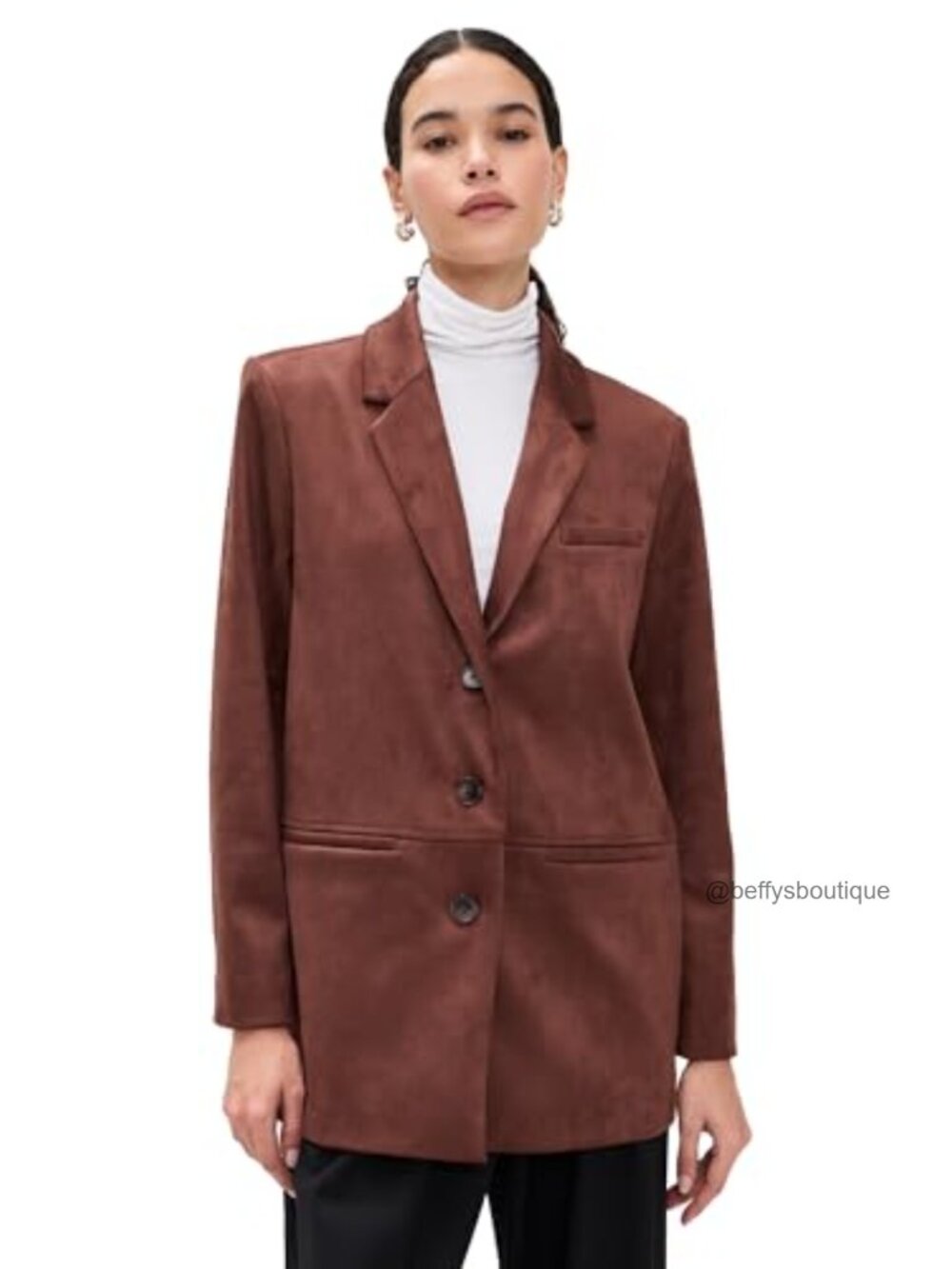 Faux Suede Oversized Blazer Padded Shoulders Business Casual